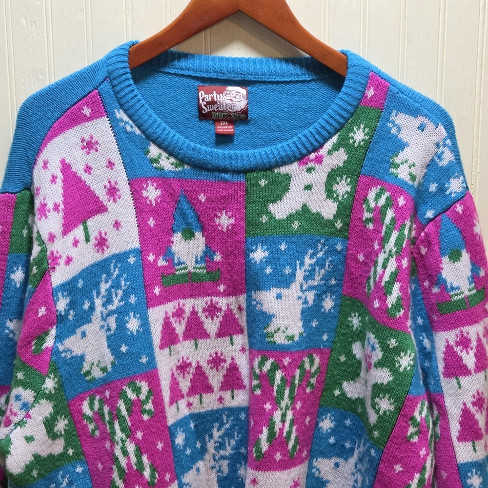 Party Sweater Sweater Mens 2XL Blue Christmas Gnome Reindeer Knit Pullover